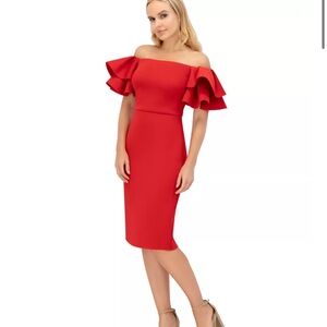 NWT sz 6 pink Eliza J Off-Shoulder Scuba Crepe RUFFLE SLEEVE Sheath DRESS